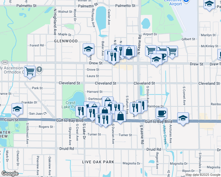 map of restaurants, bars, coffee shops, grocery stores, and more near 10 North Duncan Avenue in Clearwater