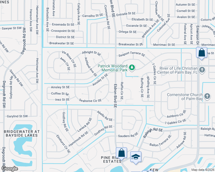map of restaurants, bars, coffee shops, grocery stores, and more near 1311 Mohegan Terrace Southeast in Palm Bay