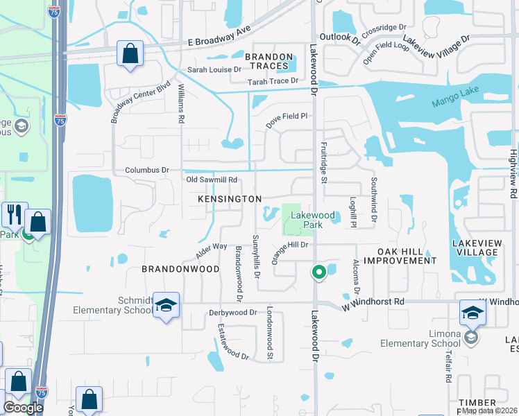 map of restaurants, bars, coffee shops, grocery stores, and more near 1611 Sunnyhills Drive in Brandon