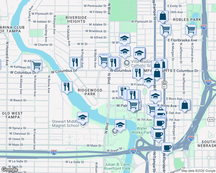 map of restaurants, bars, coffee shops, grocery stores, and more near 2308 North Boulevard in Tampa
