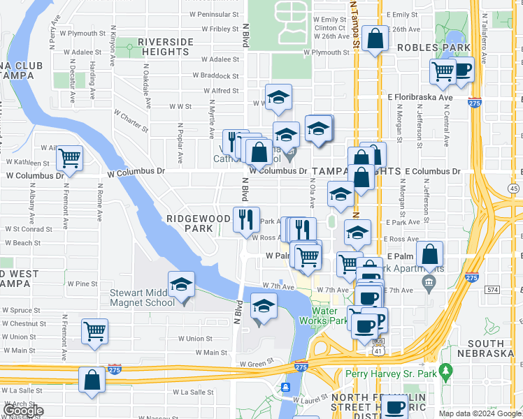 map of restaurants, bars, coffee shops, grocery stores, and more near 413 West Park Avenue in Tampa