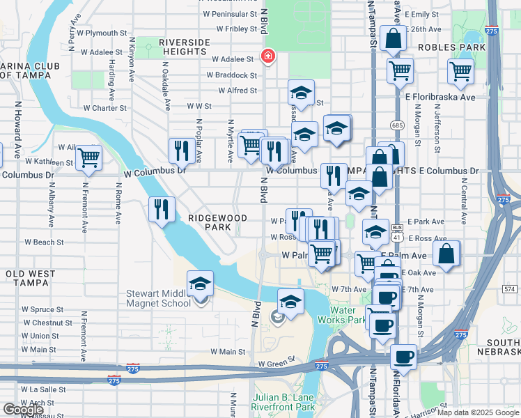 map of restaurants, bars, coffee shops, grocery stores, and more near 707 West Park Avenue in Tampa
