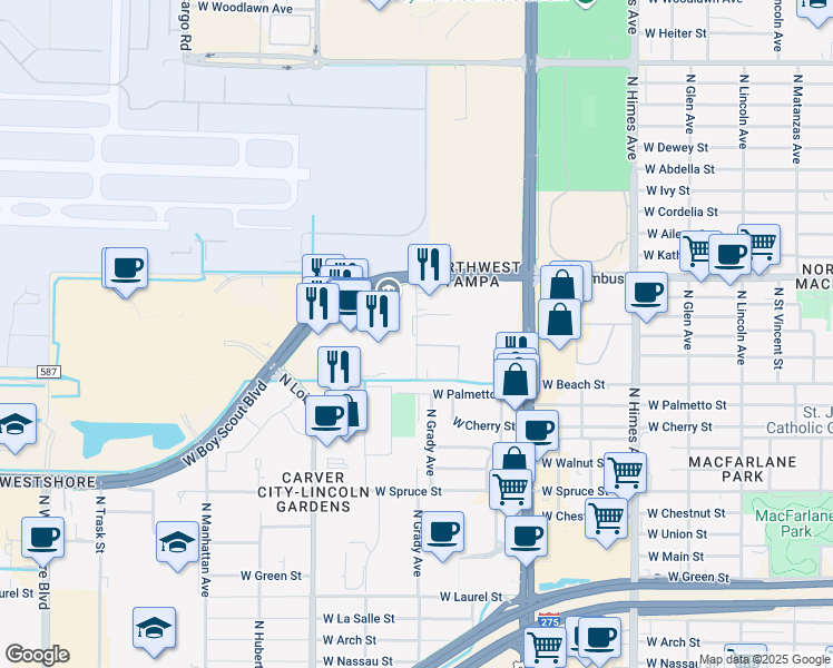 map of restaurants, bars, coffee shops, grocery stores, and more near 2601 North Grady Avenue in Tampa