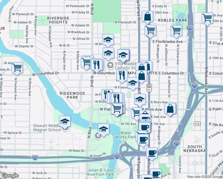 map of restaurants, bars, coffee shops, grocery stores, and more near 319 West Park Avenue in Tampa