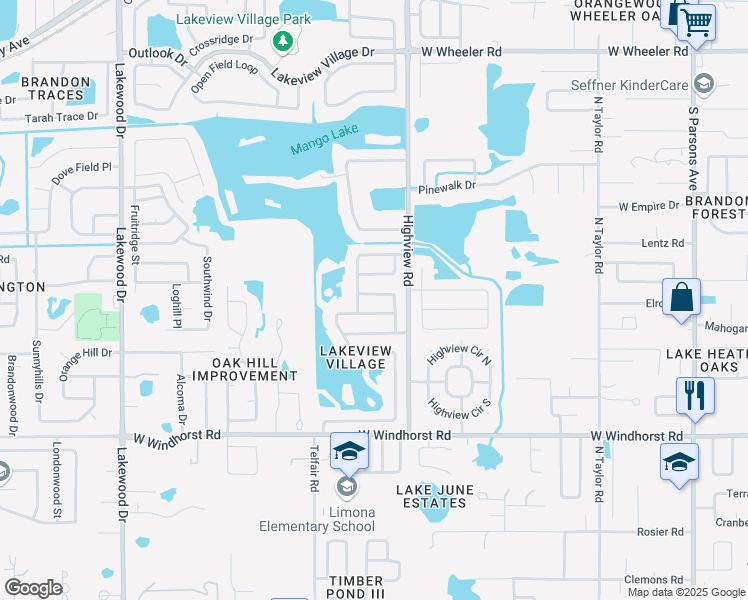 map of restaurants, bars, coffee shops, grocery stores, and more near 1422 Mistyglen Lane in Brandon