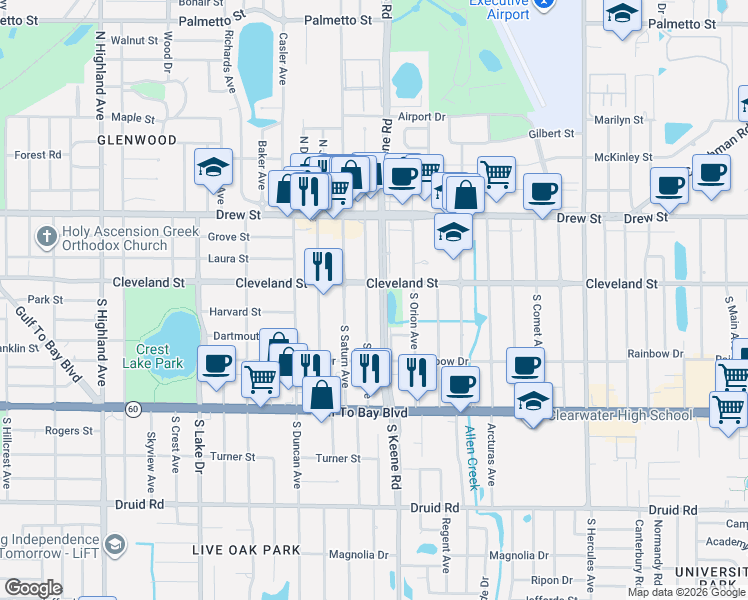 map of restaurants, bars, coffee shops, grocery stores, and more near 20 South Mars Avenue in Clearwater