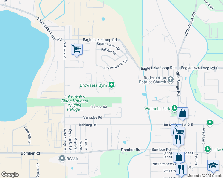 map of restaurants, bars, coffee shops, grocery stores, and more near 305 Cuthone Road in Winter Haven