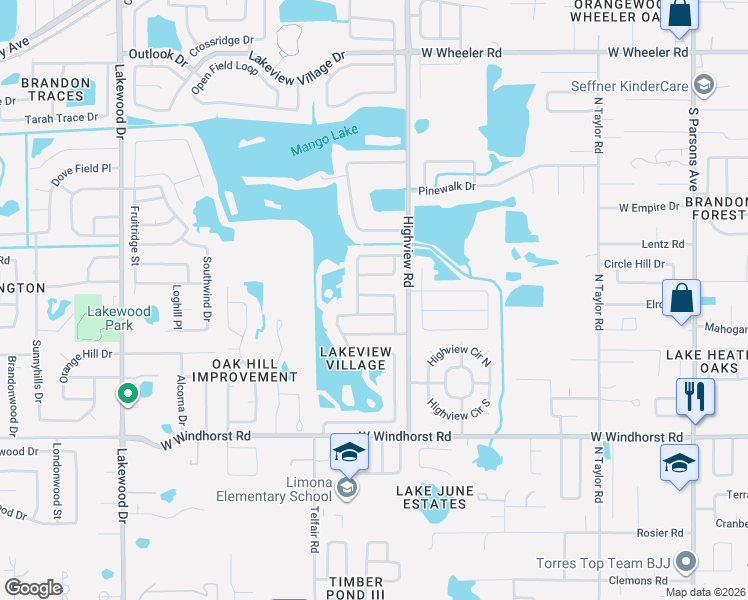 map of restaurants, bars, coffee shops, grocery stores, and more near 1430 Corner Oaks Drive in Brandon