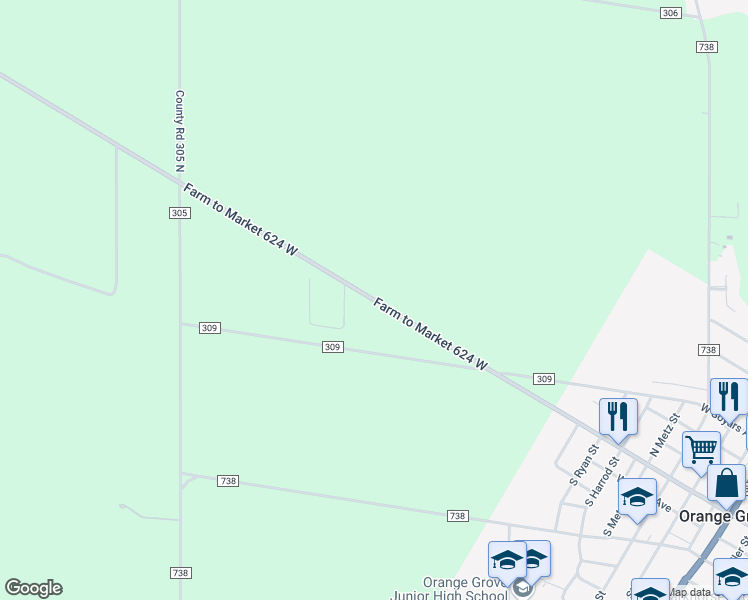 map of restaurants, bars, coffee shops, grocery stores, and more near 1116 Farm to Market 624 West in Orange Grove
