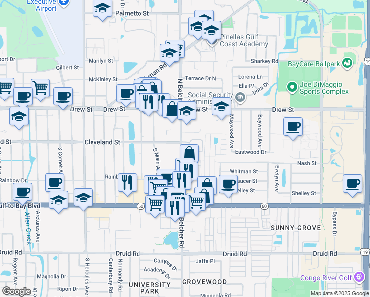 map of restaurants, bars, coffee shops, grocery stores, and more near in Clearwater
