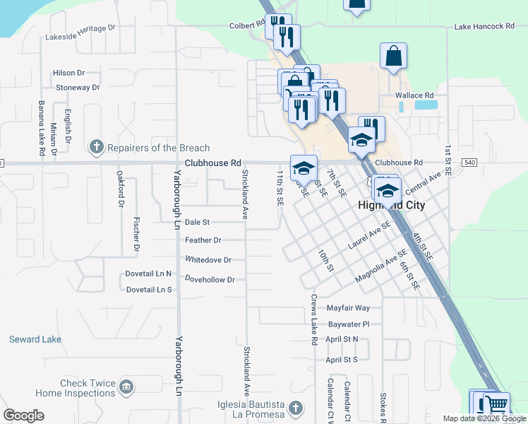 map of restaurants, bars, coffee shops, grocery stores, and more near 3930 Ball Park Road in Lakeland
