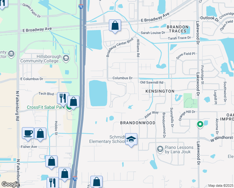 map of restaurants, bars, coffee shops, grocery stores, and more near 2620 Bermuda Lake Drive in Brandon