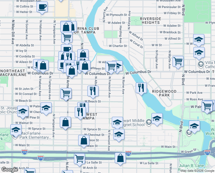 map of restaurants, bars, coffee shops, grocery stores, and more near 1907 West Saint John Street in Tampa