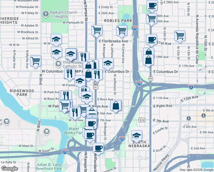 map of restaurants, bars, coffee shops, grocery stores, and more near 2209 North Morgan Street in Tampa