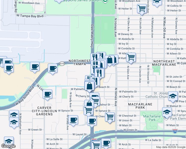 map of restaurants, bars, coffee shops, grocery stores, and more near 2702 North Dale Mabry Highway in Tampa