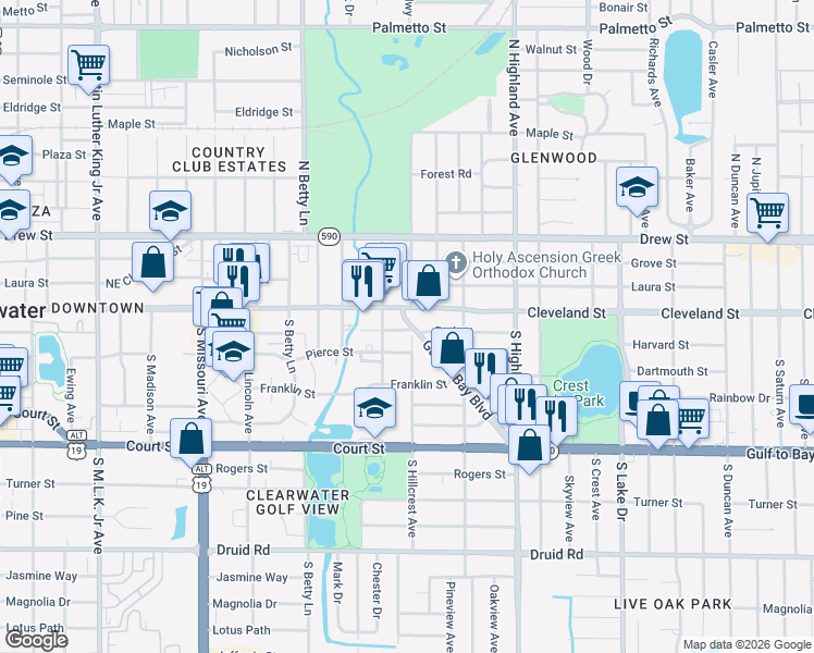 map of restaurants, bars, coffee shops, grocery stores, and more near 1401 Park Street in Clearwater