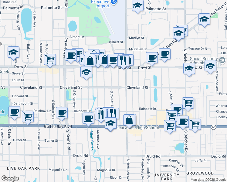 map of restaurants, bars, coffee shops, grocery stores, and more near 7 South Comet Avenue in Clearwater
