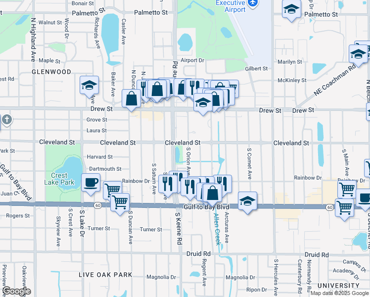map of restaurants, bars, coffee shops, grocery stores, and more near 6 South Orion Avenue in Clearwater