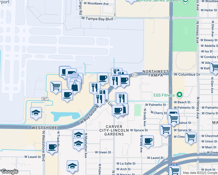map of restaurants, bars, coffee shops, grocery stores, and more near 4221 West Boy Scout Boulevard in Tampa