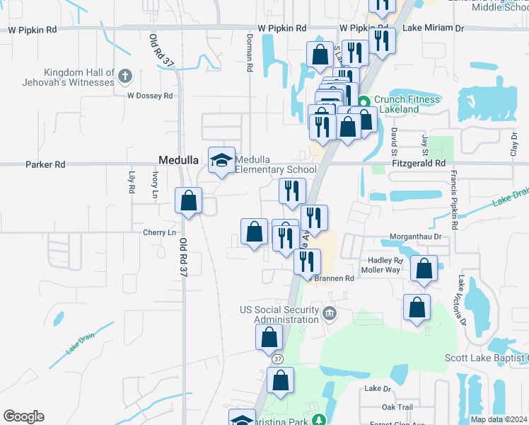 map of restaurants, bars, coffee shops, grocery stores, and more near 8 Wilmington Circle in Lakeland