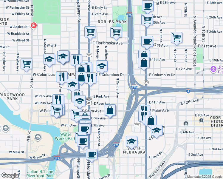 map of restaurants, bars, coffee shops, grocery stores, and more near 401 East Frances Avenue in Tampa