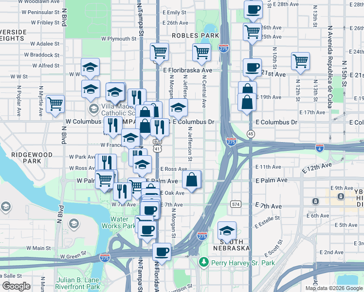 map of restaurants, bars, coffee shops, grocery stores, and more near 2209 North Morgan Street in Tampa