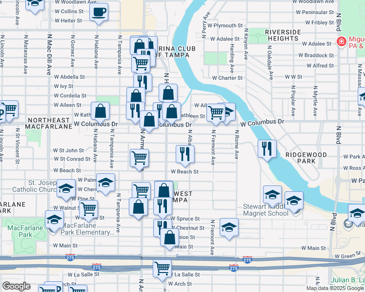 map of restaurants, bars, coffee shops, grocery stores, and more near 2117 West Saint John Street in Tampa