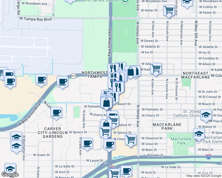 map of restaurants, bars, coffee shops, grocery stores, and more near 2702 North Dale Mabry Highway in Tampa