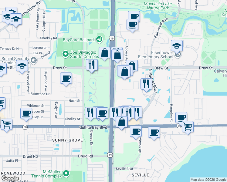 map of restaurants, bars, coffee shops, grocery stores, and more near 21227 US Highway 19 North in Clearwater