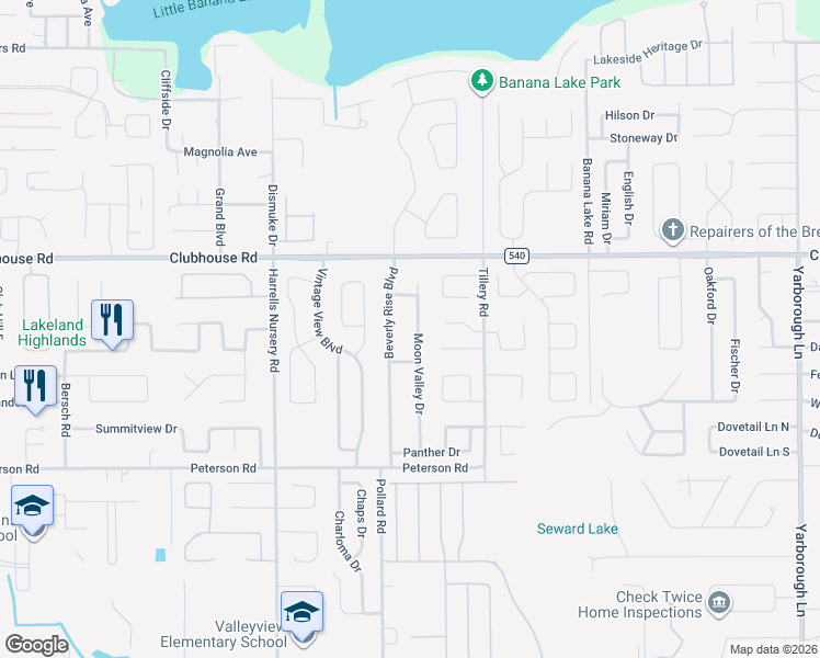 map of restaurants, bars, coffee shops, grocery stores, and more near 5499 Moon Valley Drive in Lakeland