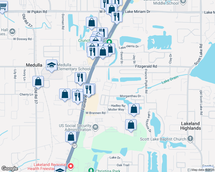 map of restaurants, bars, coffee shops, grocery stores, and more near 291 Buckeye Boulevard in Lakeland