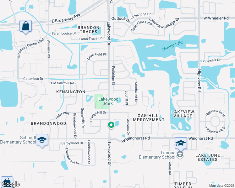 map of restaurants, bars, coffee shops, grocery stores, and more near 1609 Lakewood Drive in Brandon