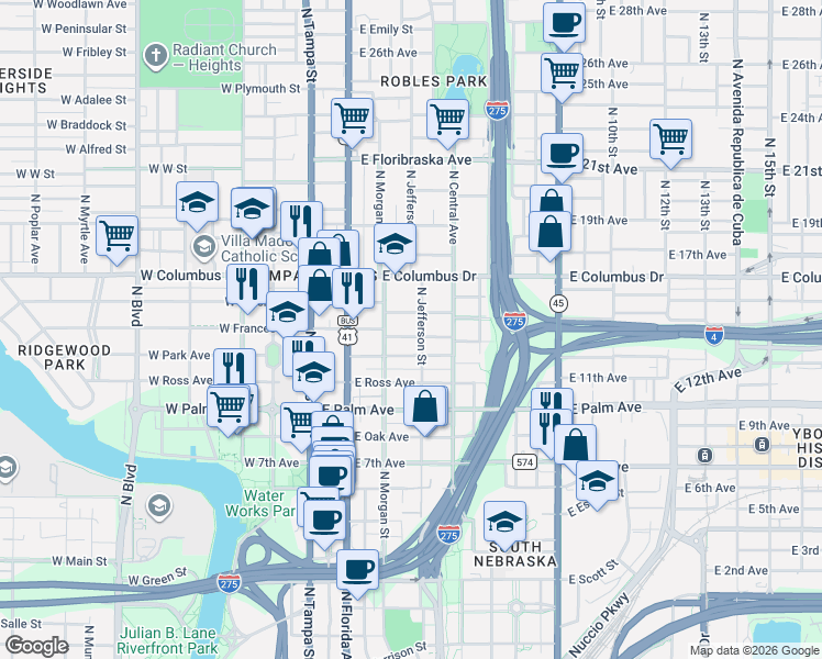 map of restaurants, bars, coffee shops, grocery stores, and more near 401 East Frances Avenue in Tampa