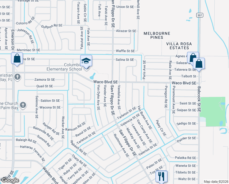 map of restaurants, bars, coffee shops, grocery stores, and more near 1336 Vandalia Avenue Southeast in Palm Bay