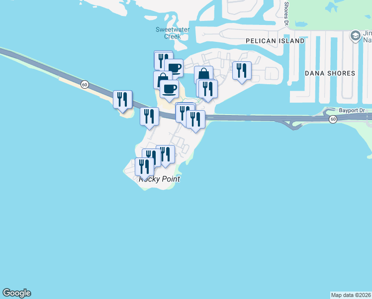 map of restaurants, bars, coffee shops, grocery stores, and more near 2709 North Rocky Point Drive in Tampa