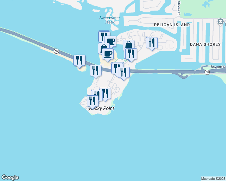 map of restaurants, bars, coffee shops, grocery stores, and more near 1315 Bay Club Circle in Tampa