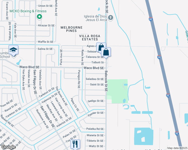 map of restaurants, bars, coffee shops, grocery stores, and more near 1642 Yamada Street Southeast in Palm Bay