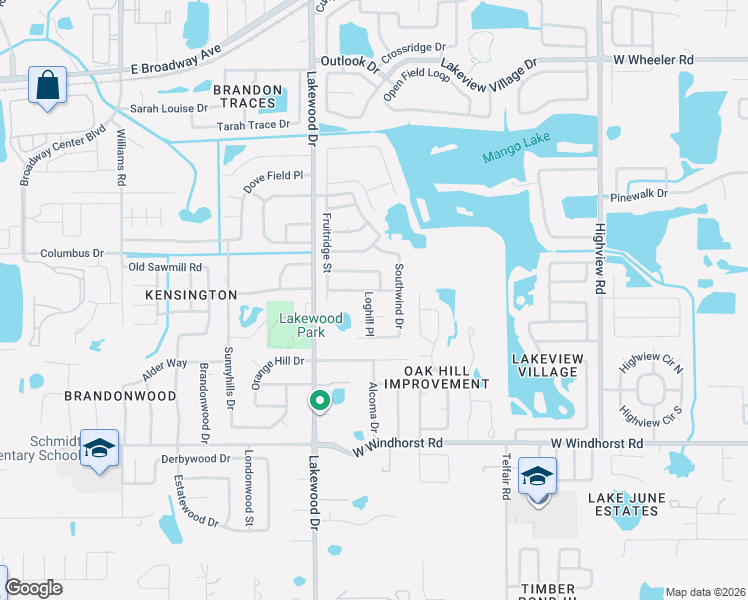 map of restaurants, bars, coffee shops, grocery stores, and more near 1609 Loghill Place in Brandon