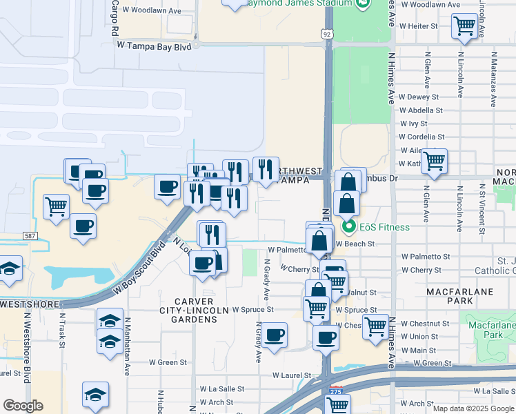 map of restaurants, bars, coffee shops, grocery stores, and more near 2601 North Grady Avenue in Tampa