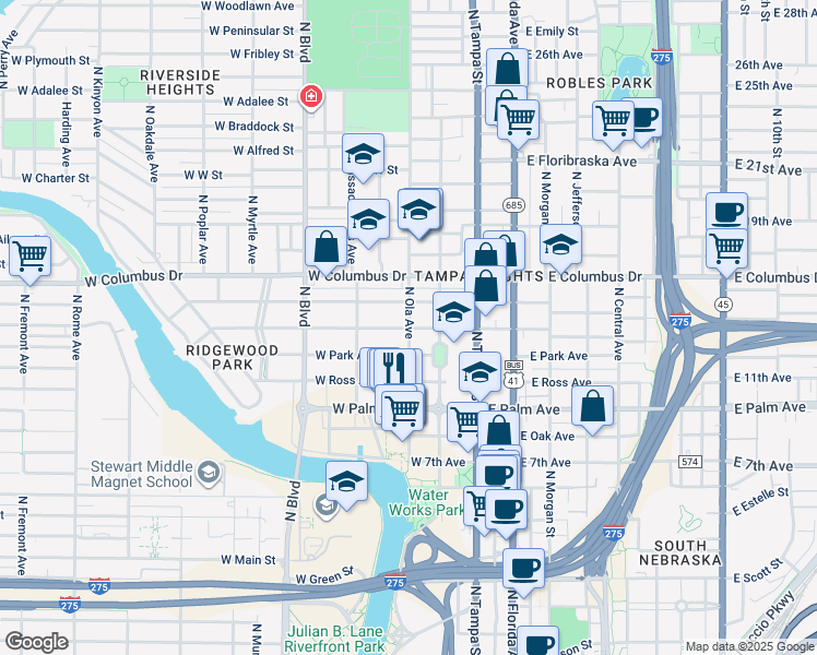 map of restaurants, bars, coffee shops, grocery stores, and more near 303 West Park Avenue in Tampa