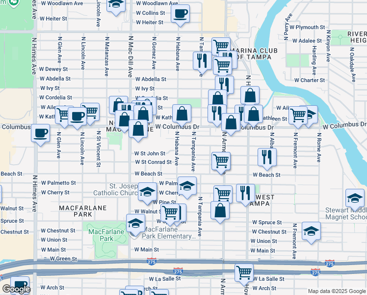 map of restaurants, bars, coffee shops, grocery stores, and more near 2706 West Saint John Street in Tampa