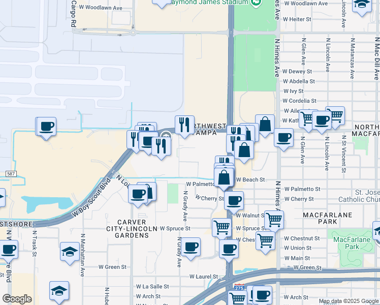 map of restaurants, bars, coffee shops, grocery stores, and more near 2615 North Grady Avenue in Tampa