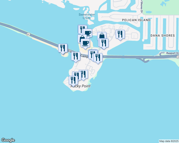 map of restaurants, bars, coffee shops, grocery stores, and more near 2709 North Rocky Point Drive in Tampa