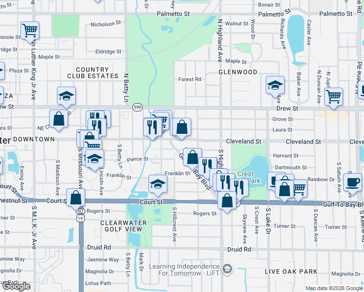 map of restaurants, bars, coffee shops, grocery stores, and more near 1401 Park Street in Clearwater