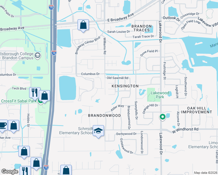 map of restaurants, bars, coffee shops, grocery stores, and more near 1907 Rambling Lane in Brandon