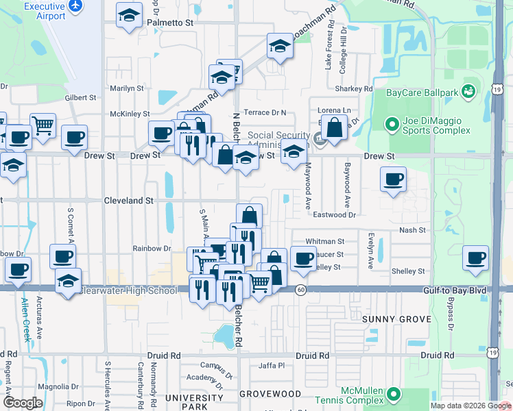 map of restaurants, bars, coffee shops, grocery stores, and more near 25 North Belcher Road in Clearwater