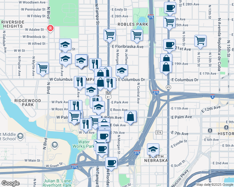 map of restaurants, bars, coffee shops, grocery stores, and more near 2209 North Morgan Street in Tampa
