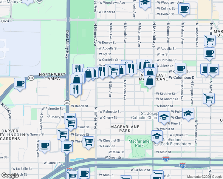 map of restaurants, bars, coffee shops, grocery stores, and more near 3318 West Saint John Street in Tampa