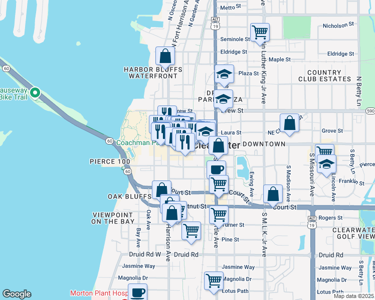 map of restaurants, bars, coffee shops, grocery stores, and more near 103 South Garden Avenue in Clearwater