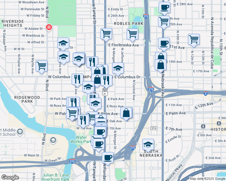 map of restaurants, bars, coffee shops, grocery stores, and more near 2209 North Morgan Street in Tampa